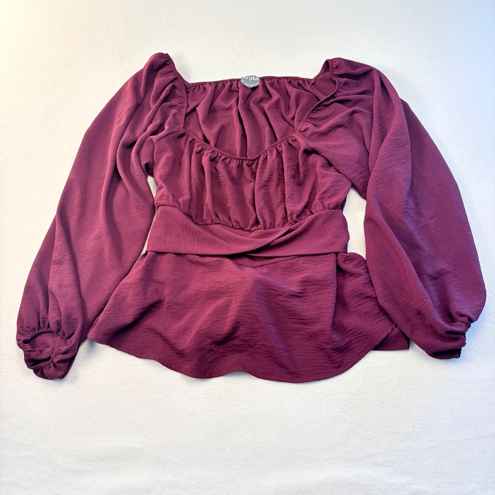 Arula Peplum Blouse Womens B 1x Plum  Long Sleeve Tie Back Gathered Bust‎